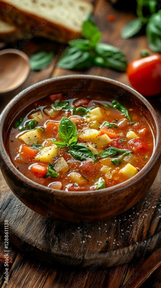 Rustic Bowl of Vegetable Soup with Fresh Herbs and Bread Slice Rustic Bowl of Vegetable Soup with Fresh Herbs and Bread Slice