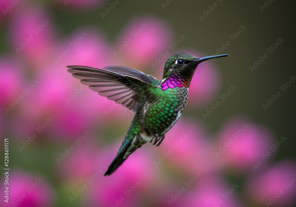 Fototapeta premium Iridescent hummingbird hovers in mid air against blurred pink flowers