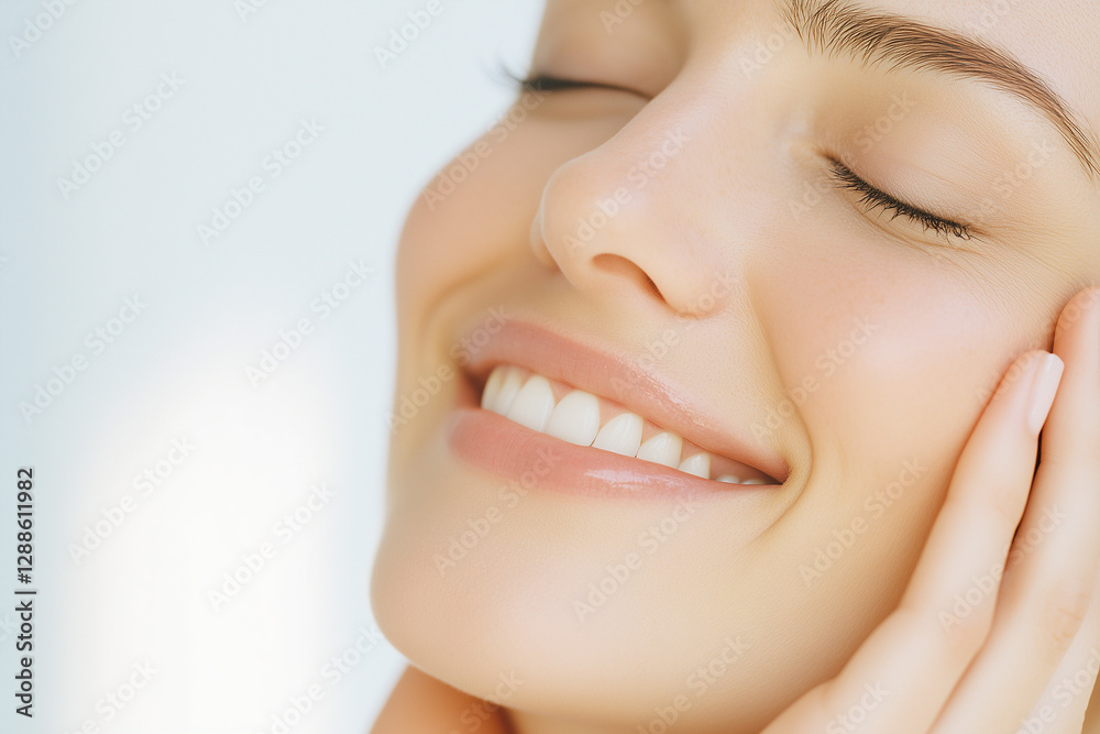 Young woman with smooth, radiant skin smiling with her eyes closed. Her hand gently touches her face, emphasizing a sense of relaxation, beauty, and skincare Young woman with smooth, radiant skin smiling with her eyes closed. Her hand gently touches her face, emphasizing a sense of relaxation, beauty, and skincare