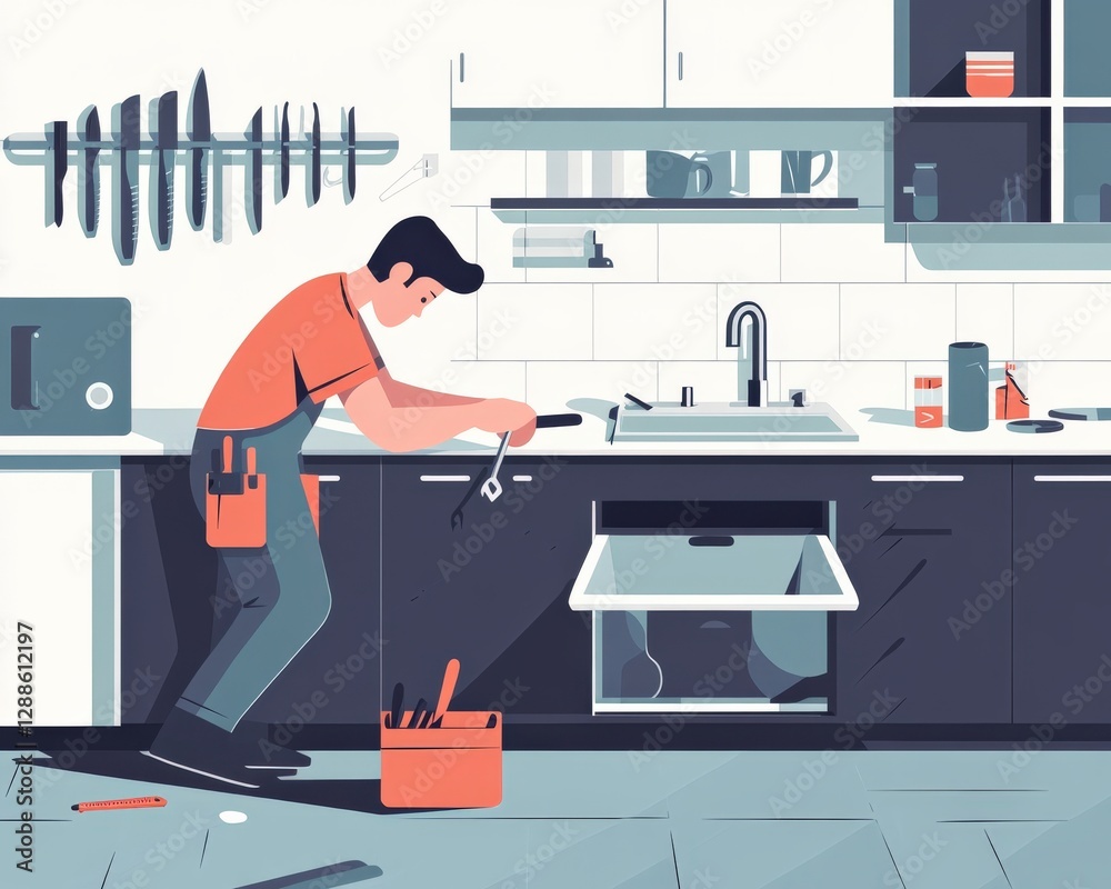Home maintenance action plumbing repair in kitchen illustrative content modern environment side view diy concept