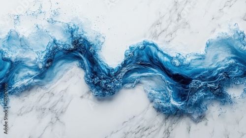 Abstract blue water wave flowing over a marble surface, creating a serene and artistic atmosphere