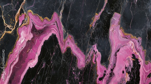 Abstract close-up of vibrant pink and black marble texture with golden veins, showcasing natural beauty
