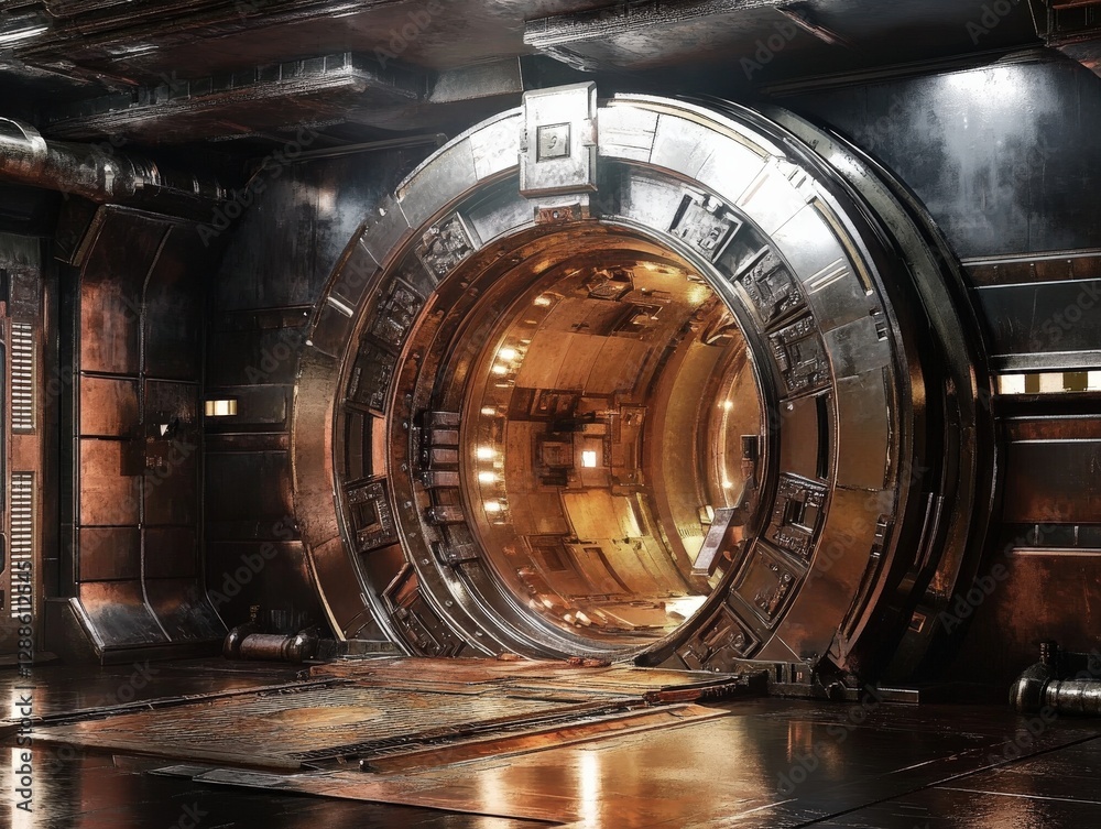 Futuristic portal entrance sci-fi setting digital art industrial environment close-up view exploration concept