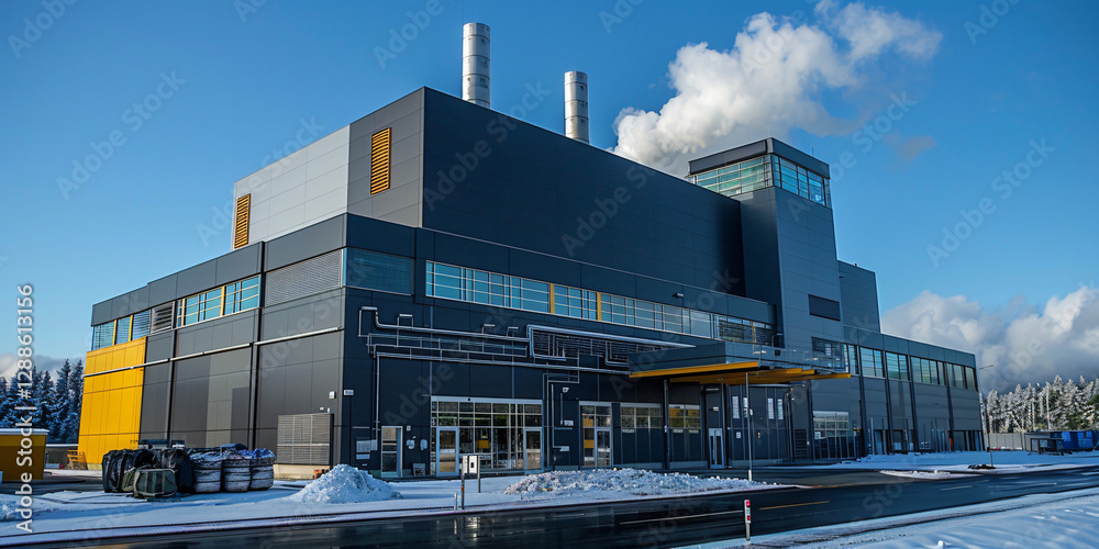 A high-tech bioenergy plant utilizing waste-to-energy technology, efficiently transforming discarded materials into clean, renewable power
