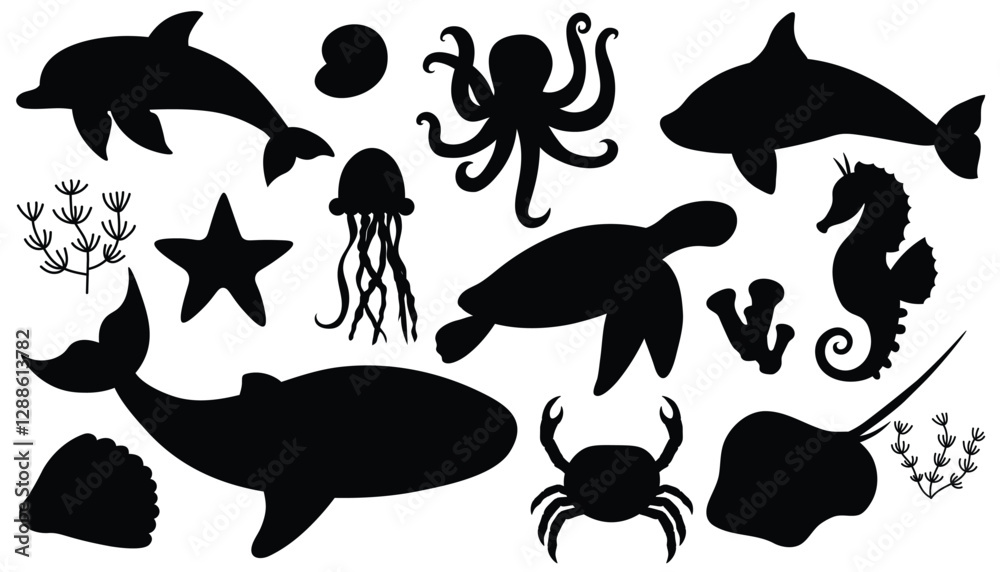 Naklejka premium Cartoon black silhouettes of sea animals. Ocean fauna collection isolated on white background. Whale and turtle, seahorse and shells, octopuse and crab.