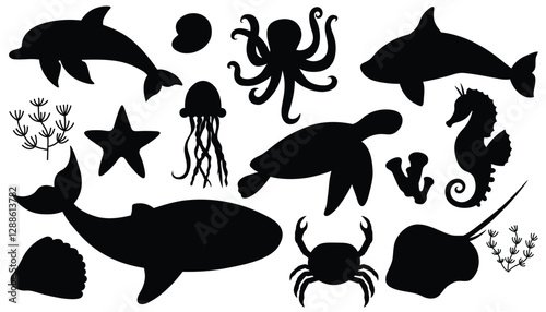 Cartoon black silhouettes of sea animals. Ocean fauna collection isolated on white background. Whale and turtle, seahorse and shells, octopuse and crab.