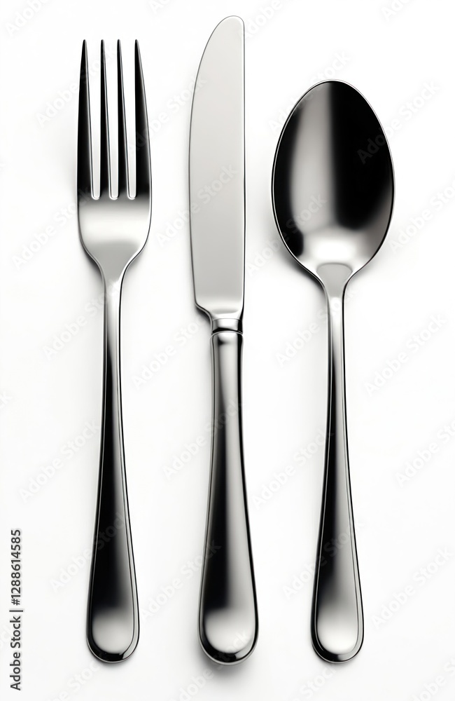Elegant stainless steel cutlery set with fork, knife, spoon. Shiny tableware for dining, modern design, essential utensil for formal meal, polished craftsmanship isolated on white. Elegant stainless steel cutlery set with fork, knife, spoon. Shiny tableware for dining, modern design, essential utensil for formal meal, polished craftsmanship isolated on white.