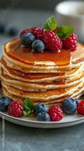 Wallpaper Mural Delicious stack of fluffy pancakes topped with berries and syrup Torontodigital.ca