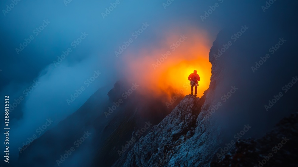 Fototapeta premium Climber Silhouette: Alpine Ascent Amidst Dawn's Fiery Haze