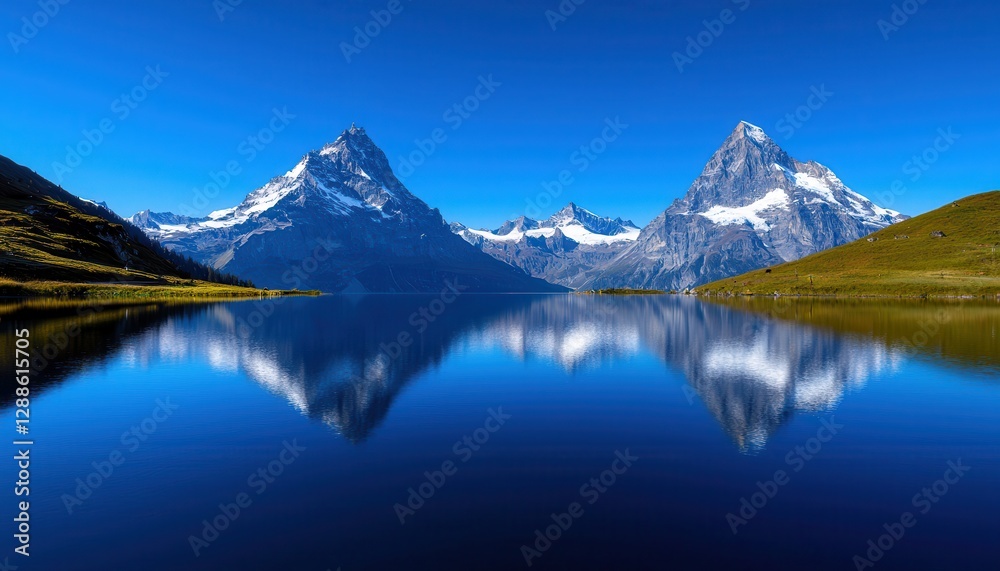 Breathtaking mountain landscape reflecting in a serene lake under a clear blue sky. Breathtaking mountain landscape reflecting in a serene lake under a clear blue sky.
