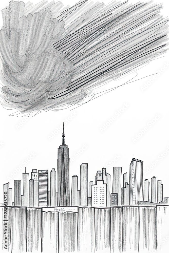Fototapeta premium City skyline coloring page and line art drawing showcasing modern architecture under a cloudy sky at dusk