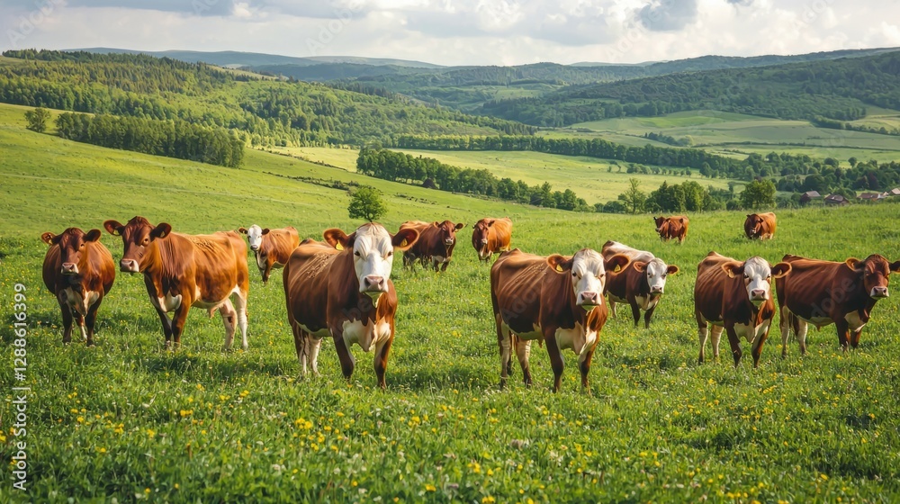 Cattle Grazing in Lush Green Pasture with Rolling Hills Background Cattle Grazing in Lush Green Pasture with Rolling Hills Background