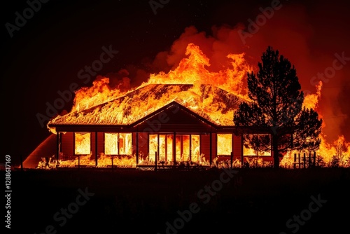 A house engulfed in flames, with intense fire illuminating the night sky and surrounding trees, creating a dramatic and dangerous scene.