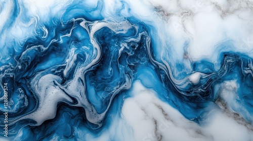 Abstract blue and white marble texture with flowing patterns resembling ocean waves and clouds