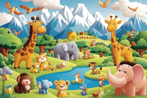Adorable Cartoon Animals in a Lush Green Landscape with Mountains Perfect for Children s Books Wallpaper or Prints