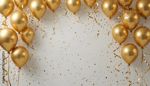 Elegant gold foil balloons with confetti and festive ribbon on white background - 3d realistic illustration for anniversary celebrations, birthday parties, sales promotions, and event decorations