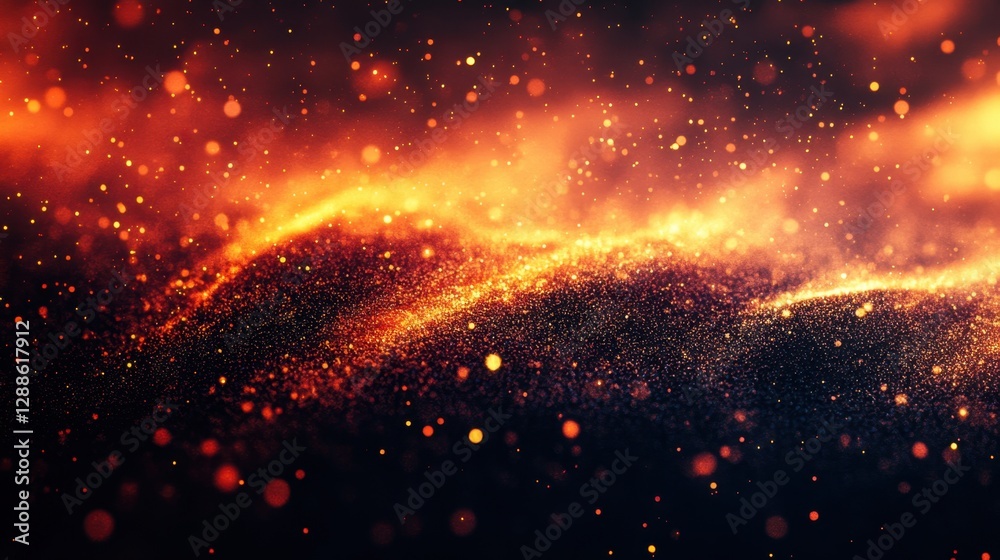 Abstract vibrant waves of orange and gold shimmering particles against a dark background Abstract vibrant waves of orange and gold shimmering particles against a dark background