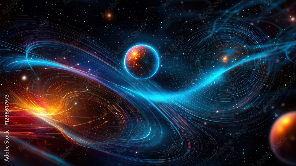 Cosmic space with vibrant colors, swirling galaxies, and glowing planets, creating mesmerizing visual experience Cosmic space with vibrant colors, swirling galaxies, and glowing planets, creating mesmerizing visual experience