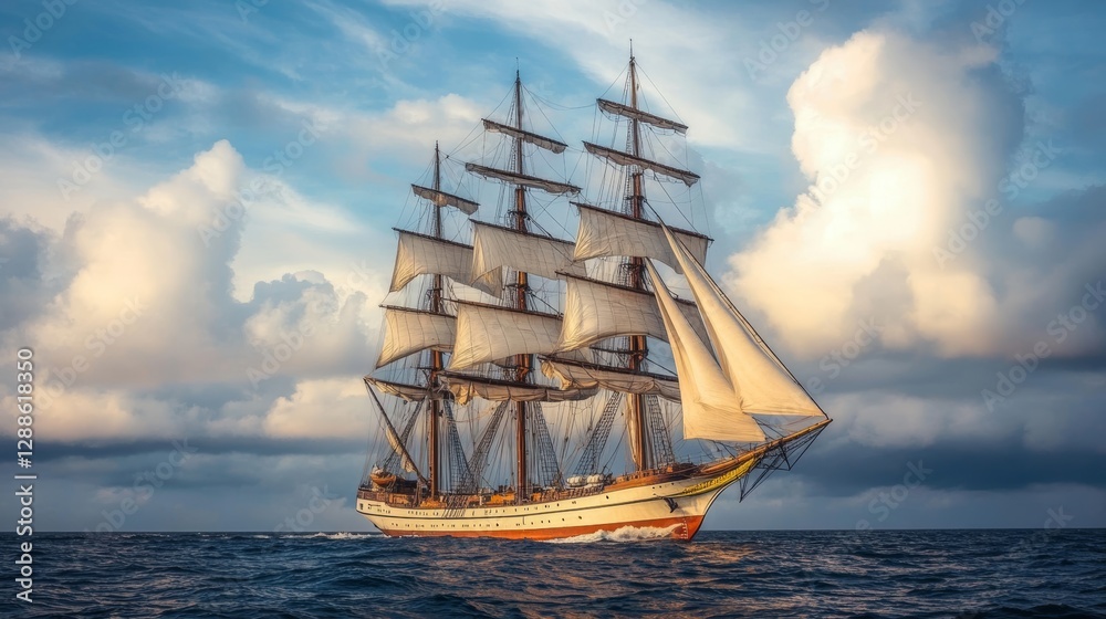 Fototapeta premium Tall Ship Sailing: Open Sea Billowing Sails Cloudscape