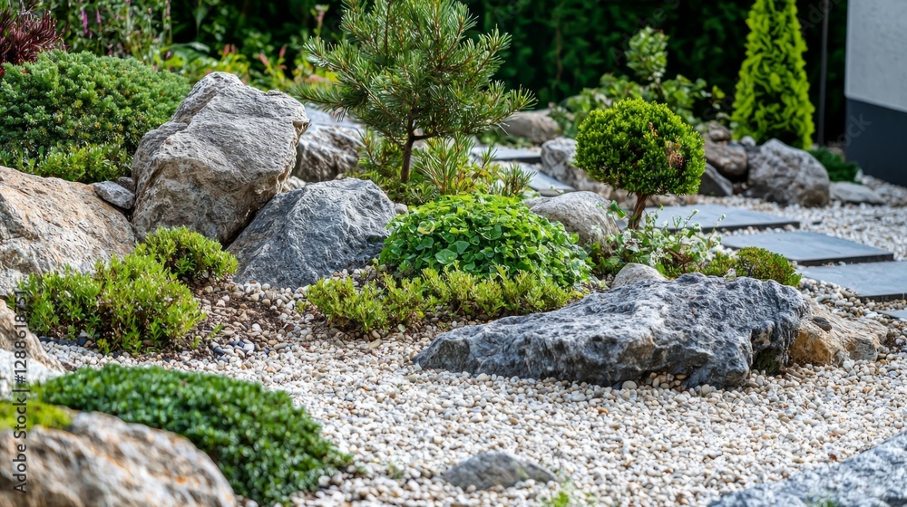 Tranquil Zen Garden with Natural Rocks and Green Plants Tranquil Zen Garden with Natural Rocks and Green Plants