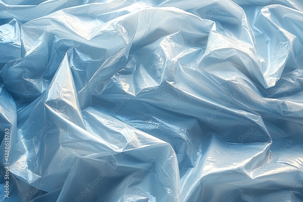 Fototapeta premium Bright wrinkled transparent plastic bag poly wrap film texture white abstract background