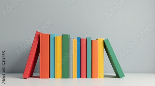 A vibrant collection of colorful books arranged in a visually appealing display, showcasing a spectrum of hues and diverse sizes, leaning playfully against each other on a clean, simple surface