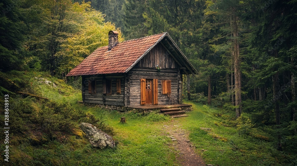 Rustic Wooden Cabin Surrounded by Lush Green Forest Landscape Rustic Wooden Cabin Surrounded by Lush Green Forest Landscape