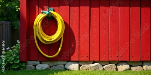 Bright Yellow Garden Hose Reeling on a Vibrant Red Wooden Wall Outdoors