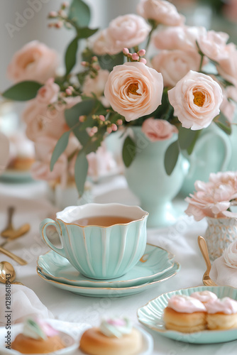 Wallpaper Mural Elegant tea party setting with a pastel mint teacup, delicate floral arrangements, gold accents, and beautifully decorated pastries, creating a charming and romantic ambiance Torontodigital.ca