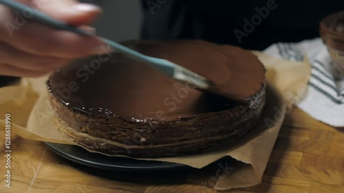 Chocolate glaze is poured over a cake base - closeup