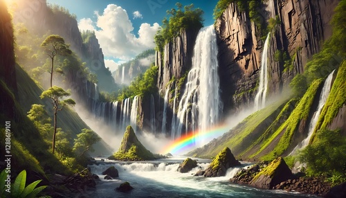 Wallpaper Mural A stunning waterfall flowing down rugged cliffs, mist rising as a colorful rainbow appears. Lush forests surround this breathtaking scene. Ideal for wallpaper and background, a true nature escape Torontodigital.ca