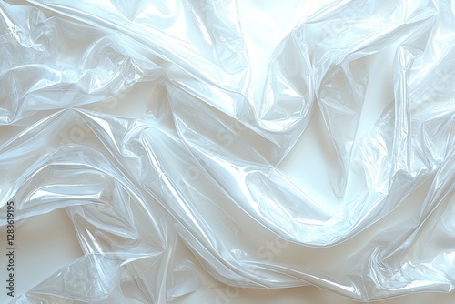 Bright wrinkled transparent plastic bag poly wrap film texture white abstract background