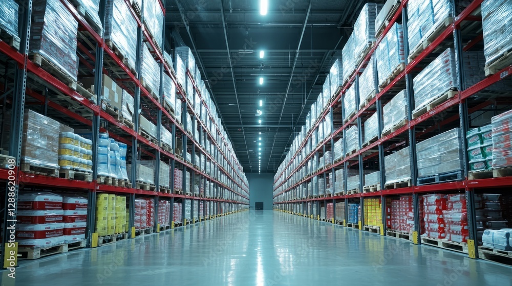 Vast Warehouse Interior with Organized Pallet Racks and Aisle Space