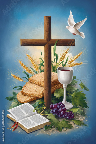 Christian cross with white goblet full of wine and white dove