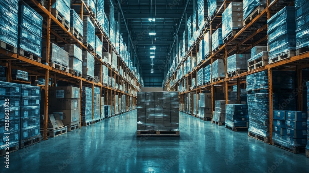 Large Warehouse Interior with Pallet Racks and Stacked Boxes Large Warehouse Interior with Pallet Racks and Stacked Boxes
