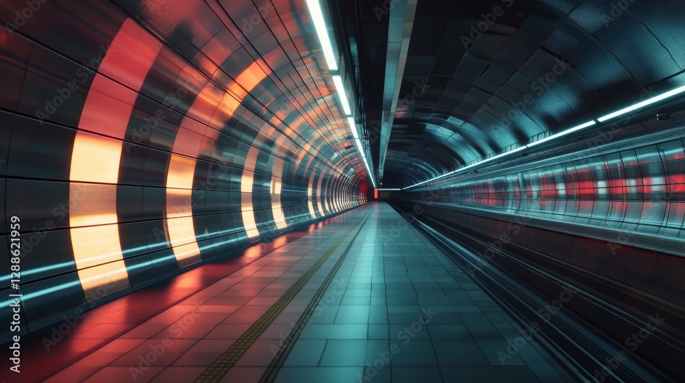 Obraz premium Subway Station Abstract: Metro Tunnel with Red and Teal Light Patterns AI Art