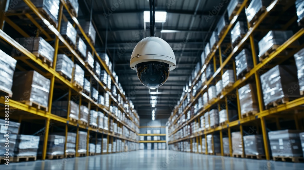 Security Camera Overseeing Organized Warehouse with Stacked Goods Security Camera Overseeing Organized Warehouse with Stacked Goods