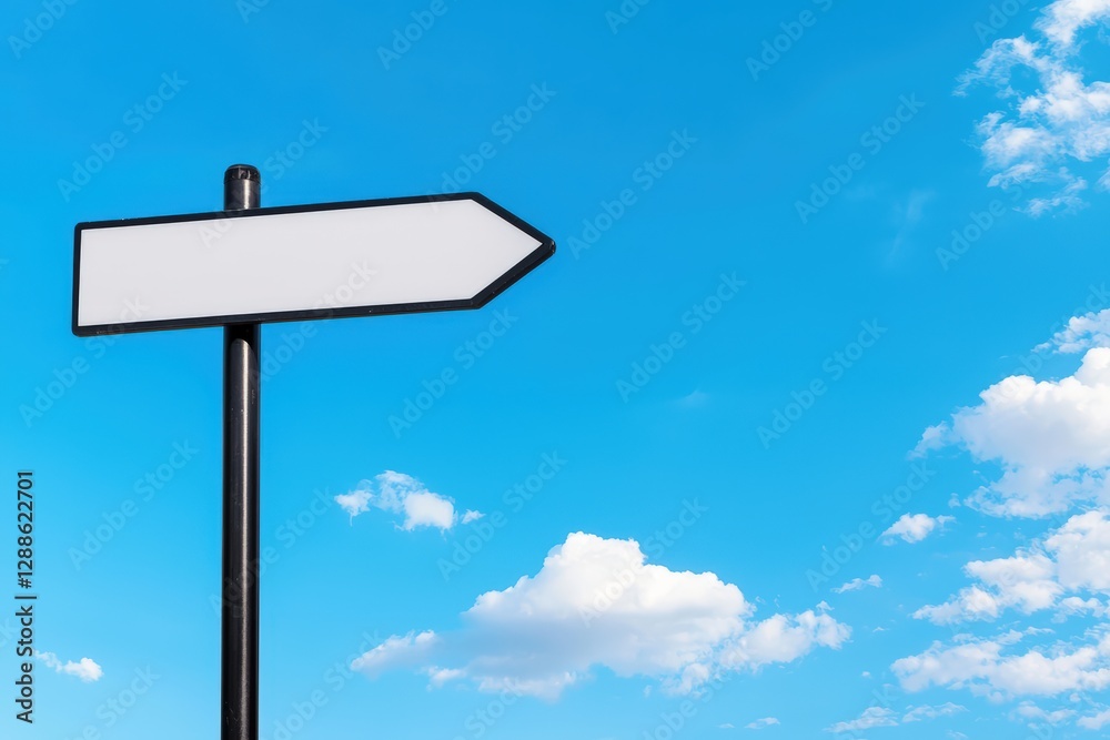 A blank directional sign pointing right against a bright blue sky with fluffy clouds, symbolizing choices and new directions. goal of life achievement learning. success, A blank directional sign pointing right against a bright blue sky with fluffy clouds, symbolizing choices and new directions. goal of life achievement learning. success,