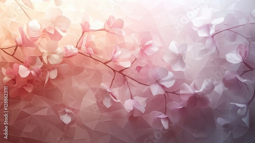 Abstract representation of cherry blossom branches with soft pink hues against a geometric background