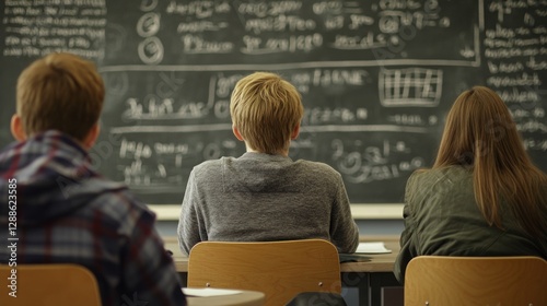 Students learning math equations, classroom chalkboard background, education