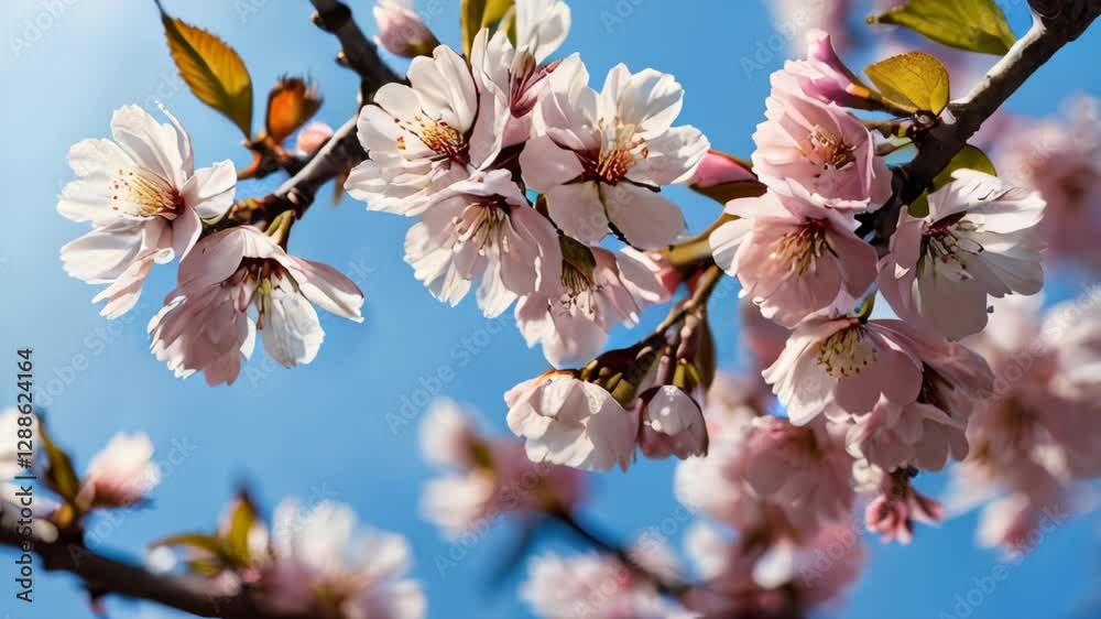 Cherry Blossoms in Bloom with Airy Mood against a Bright Blue Sky Cherry Blossoms in Bloom with Airy Mood against a Bright Blue Sky