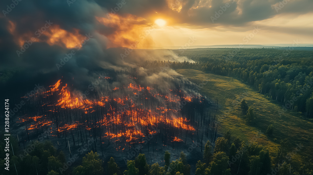 An aerial view of a wildfire aftermath, showing a patchwork of blackened forests and untouched green areas An aerial view of a wildfire aftermath, showing a patchwork of blackened forests and untouched green areas