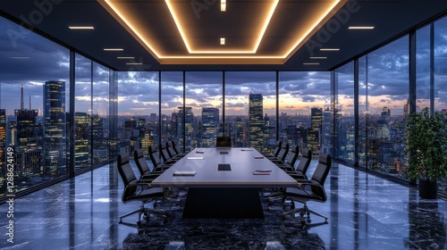 Modern city skyline view from panoramic boardroom