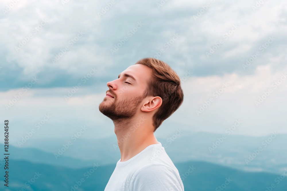 Young man with closed eyes enjoying the fresh mountain air Young man with closed eyes enjoying the fresh mountain air