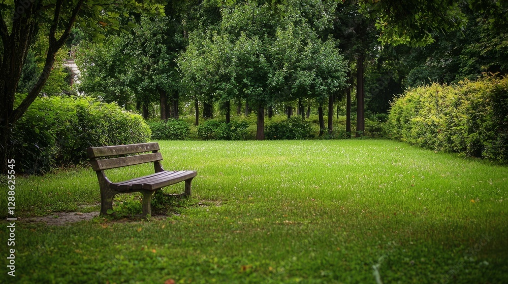 Serene Park Bench Surrounded by Lush Greenery and Trees Serene Park Bench Surrounded by Lush Greenery and Trees
