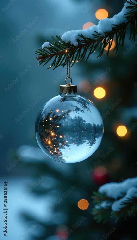 Fototapeta premium Glass ball suspended from branch with twinkling lights and snow-covered evergreen, soft blue glow, cozy ambiance, evergreen tree
