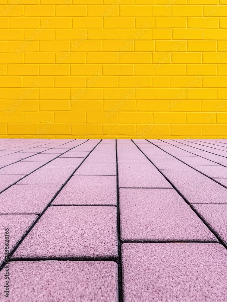 Fototapeta premium Colorful wall and pavement create a vibrant urban space for photography and design.