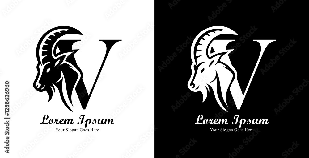 Obraz premium goat head logo design combined with the letter V
