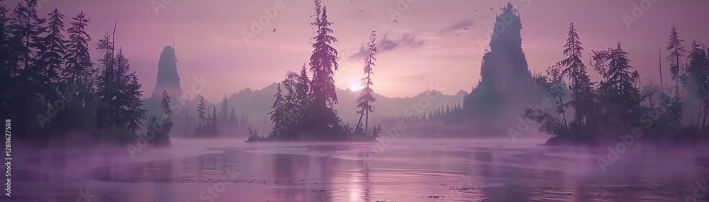 Naklejka premium A serene, misty landscape at dusk, featuring tall silhouettes of trees and mountains, enveloped in soft purple hues and reflected in the still water below.