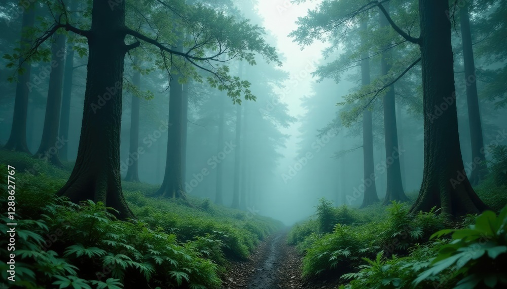 Misty forest landscape with towering trees and ferns, mist, forest Misty forest landscape with towering trees and ferns, mist, forest